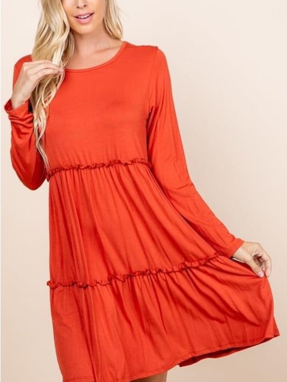 Plus Size XXXL Women's Long-Sleeve Tiered Swing Dress in Burnt Orange